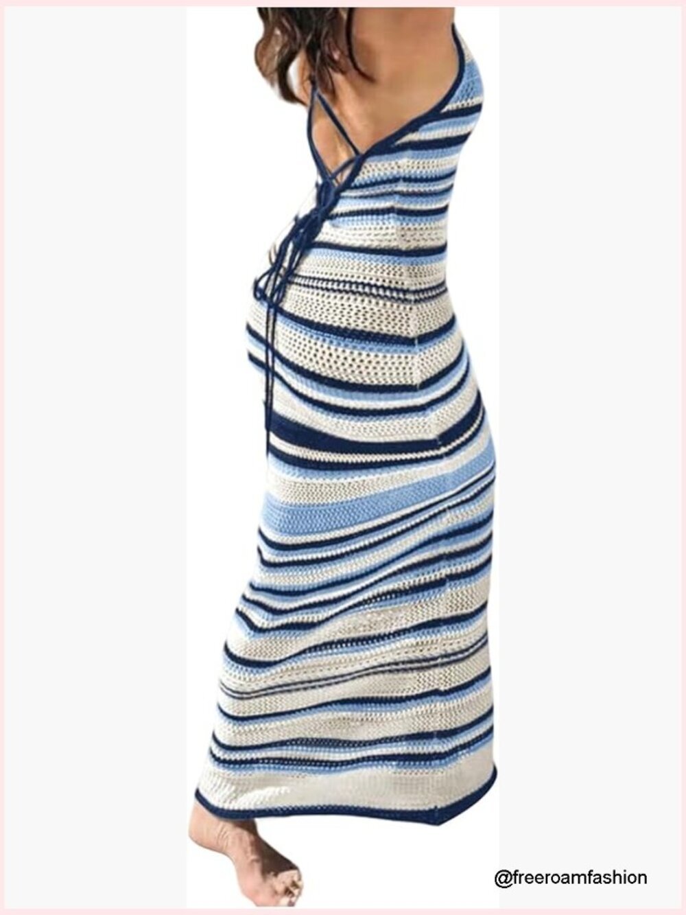 Crochet Halter Bodycon Maxi Dress Backless Striped Casual Beach